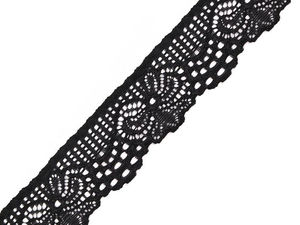 Premium elastische Spitzenborte mit Blumenmuster, 30 mm Breite - Schwarz