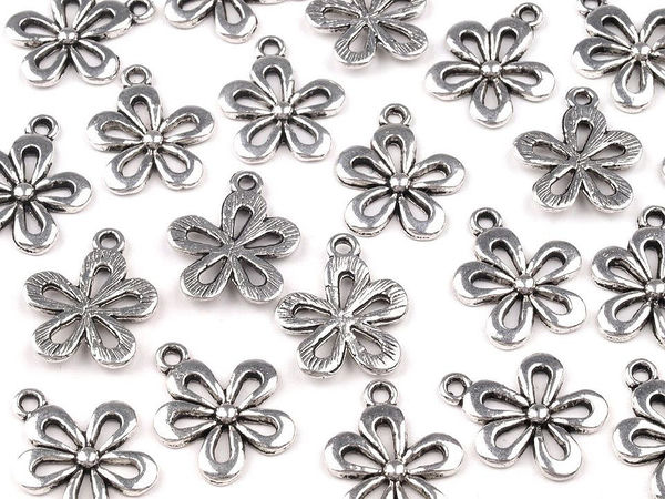 Blumen-Schmuckanhänger und Reißverschluss-Zipper in Platin (15x18 mm) - Florale Metallverzierung