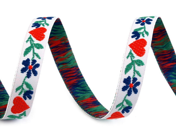 9 mm Gewebtes Trachten-Jacquardband - Zierborte mit Blumen- und Herzmotiv
