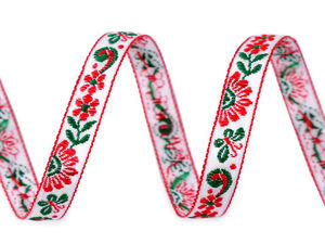 Premium rotes Jacquard-Trachtenband mit Blumenmuster - 10 mm gewebtes Zier- und Webband