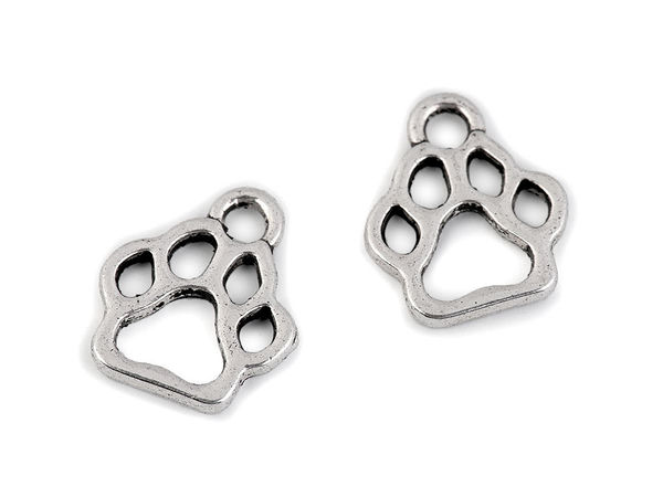 Platinfarbener Metallanhänger Pfotenabdruck (11x13 mm) - Elegante Dekoration für Halsbänder, Taschen und Kleidung