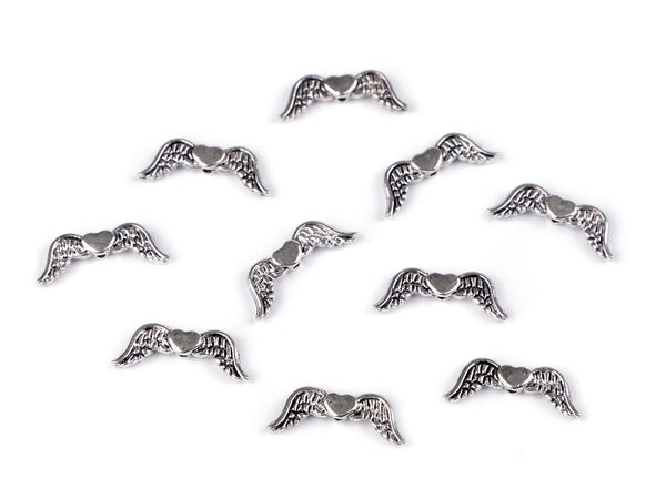 Platinfarbene Engelsflügel-Zwischenperlen aus Metall mit Herz - Doppelseitige Charms 7x20 mm für Schmuckherstellung, Basteln & Kurzwaren