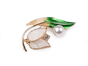 Elegante Brosche mit Pflanzenmotiv, Kunstperlen und Emaille
