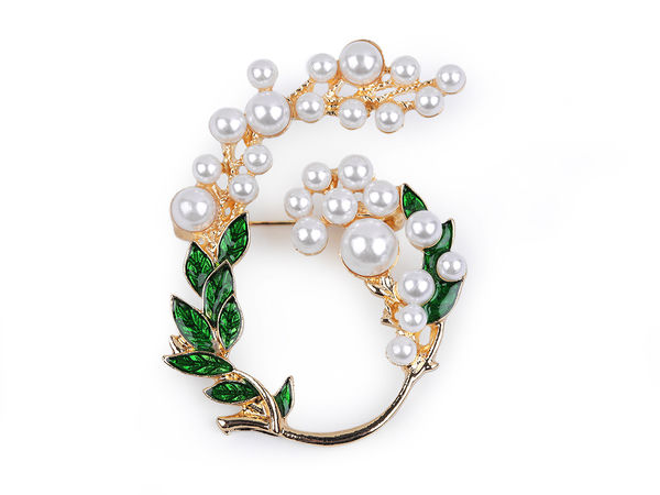 Elegante Emaille-Brosche mit Pflanzenmotiv und Perlen
