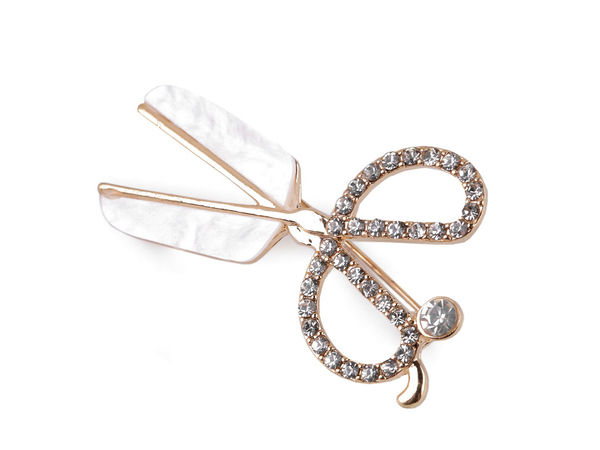 Elegante Scherenbrosche mit Strass und Perlenimitaten - Modische Anstecknadel aus Metall und Glas