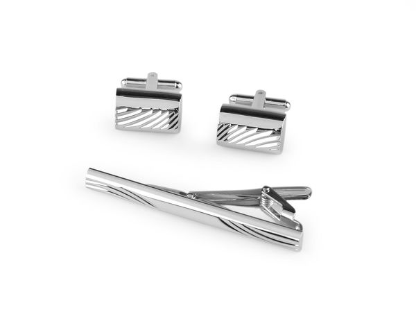 Premium-Set aus Manschettenknöpfen und Krawattenklammer für Herren mit eleganter Geschenkbox - Platin-Finish