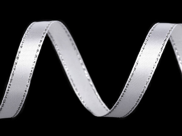 Premium Weihnachts-Satinband in Weiß-Silber mit schimmernder Lurexkante - 10mm