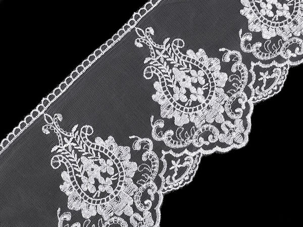 Weiße bestickte Premium-Organza-Spitzenborte, 15 cm – Elegante Monofilament-Borte