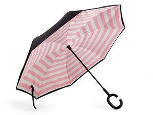 Coolbrella Gestreifter Inverser Regenschirm mit C-Griff - Doppellagiger Selbststehender Winddichter Stockschirm