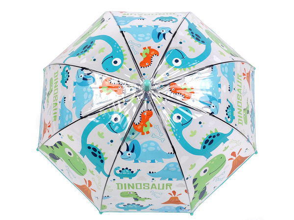 Transparenter Automatik-Glockenschirm für Kinder – Dinosauriermotiv, Türkis