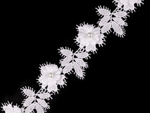 Guipure-Spitzenborte - 3D-Blüten mit Perlen, Breite 42 mm