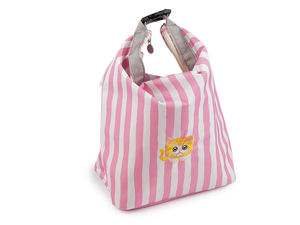 Premium Gestreifte Thermotasche mit Stickerei (37x34 cm) - Katze & Erdbeere