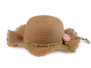 Mädchen-Sonnenhut aus Papierstroh mit Blüten-Verzierung - Leichter Strandhut mit gewellter Krempe und elastischem Kinnband