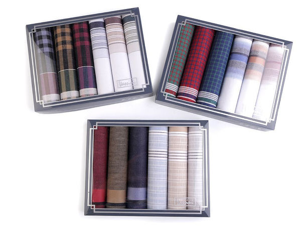 Premium Herren-Taschentücher-Set aus Baumwolle in Geschenkbox - 6-teiliges Set weiche, quadratische Einstecktücher, verschiedene dunkle Designs (40 x 40 cm)