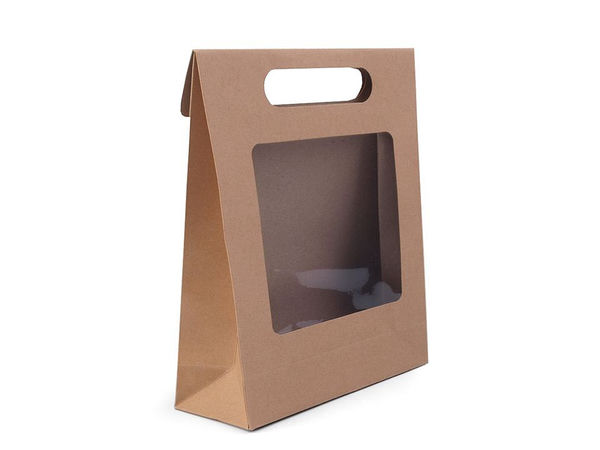 Geschenktüte aus Kraftpapier Natur mit transparentem Sichtfenster und Griffloch - 16 x 21 cm