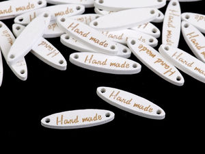 Ovale Holz-Labels "Hand Made" (6x27mm) mit seitlichen Löchern - Premium-Etiketten für Taschen, Stricken, Scrapbooking und DIY-Projekte