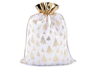 Weißer Weihnachtsgeschenkbeutel aus Juteimitat mit Satin-Akzenten und Tannenbaum-Motiv (30x40 cm)