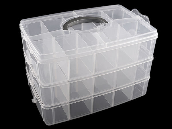 Transparente 3-stöckige stapelbare Aufbewahrungsbox aus Kunststoff mit verstellbaren Fächern und Tragegriff