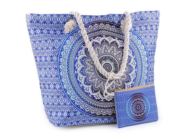 Große Premium-Strandtasche aus Baumwolle mit Mandala-Print und abnehmbarem Kosmetiktäschchen-Set – Geräumiger Sommer-Shopper mit Kordelhenkeln, 39x50 cm