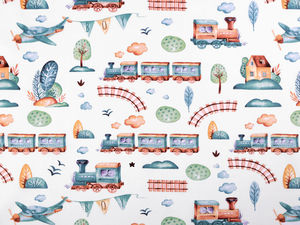 Hochwertiger Baumwoll-Canvas-Stoff mit Eisenbahnmuster für Kinderbettwäsche & Deko