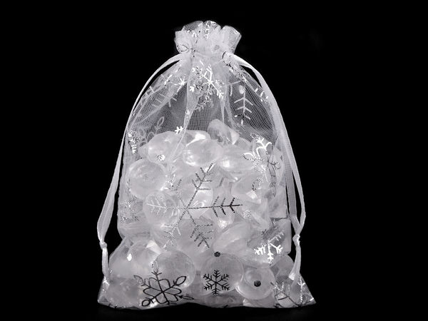 Organzasäckchen mit Schneeflockendruck für Weihnachtsgeschenke, mit Satinkordelzug, 10x15 cm
