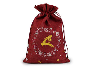 Roter Weihnachts-Geschenkbeutel aus Jute-Imitat 20 x 30 cm – Geschenksäckchen mit Rentier- & Schneeflockenmotiv und Kordelzug