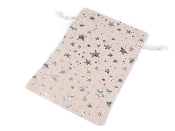 Premium-Geschenkbeutel aus Leinen mit Metallic-Sterndruck, 20x30 cm - Kordelzugbeutel in Natur-Silber