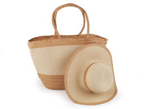 Damen-Strohhut und passende Strandtasche im Set - Weitkrempiger Sonnenhut aus Papiergarn & geräumige Tragetasche mit Reißverschluss