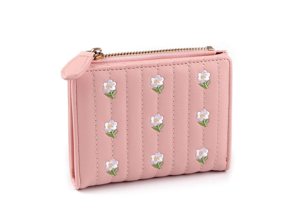 Elegantes Damen-Portemonnaie mit Blumenstickerei - Kompakte Geldbörse (9x12 cm) mit gesteppter Rückseite, vielen Kartenfächern und sicheren Reißverschlussfächern