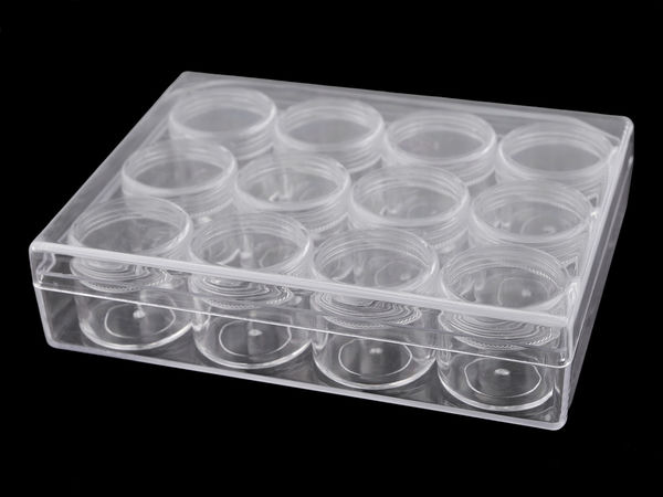 Transparente Aufbewahrungsbox mit 12 Schraubdosen für Bastel- und Schmuckzubehör