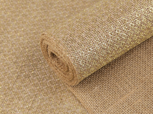 Naturjute-Stoffrolle mit metallischem Gold-Lurex – 30 cm Breite mit umnähten Kanten