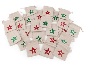 24-teiliges Adventskalender-Set aus Baumwollsäckchen in Jute-Optik (8 x 10 cm) – Nummeriert 1–24, Geschenksäckchen mit Kordelzug und Sternenmotiv