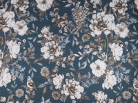 Premium Canvas-Stoff aus Baumwoll-Leinen-Mischung - Botanisches Blumenmotiv in Dunkelblau