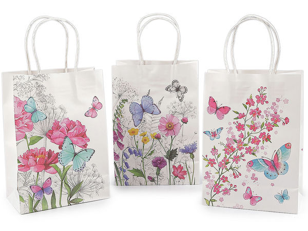 Papiertragetaschen mit Blumen- und Schmetterlingsmotiven und gedrehten Griffen - Hochwertige Geschenkverpackung im Set für Geburtstage, Hochzeiten und Boutiquen