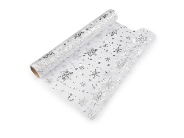 Weihnachts-Organzarolle mit silbernem Metallic-Schneeflockenmuster (36 cm Breite) - Festlicher Tischläufer & Bastelstoff