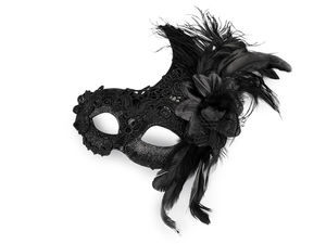 Venezianische Augenmaske mit Spitze, Federn, Blütendetail und Glitzer-Finish