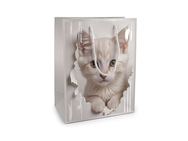 Elegante Geschenktüte mit Katzenmotiv und Metallic-Akzenten (18 x 23 cm) - Matte Premium-Papiertasche mit gedrehten Kordelgriffen