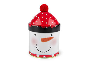 Weihnachts-Geschenkdose aus Blech mit Plüsch-Bommel-Deckel – Dekorative Dosen mit Weihnachtsmann & Schneemann