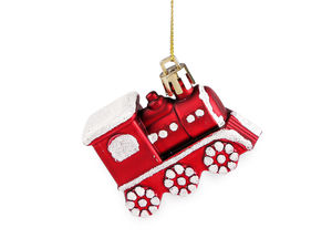 Glitzernde Weihnachtsanhänger – Rotes Haus & Rote Eisenbahn Baumschmuck für Christbaum, Kranz & Girlande
